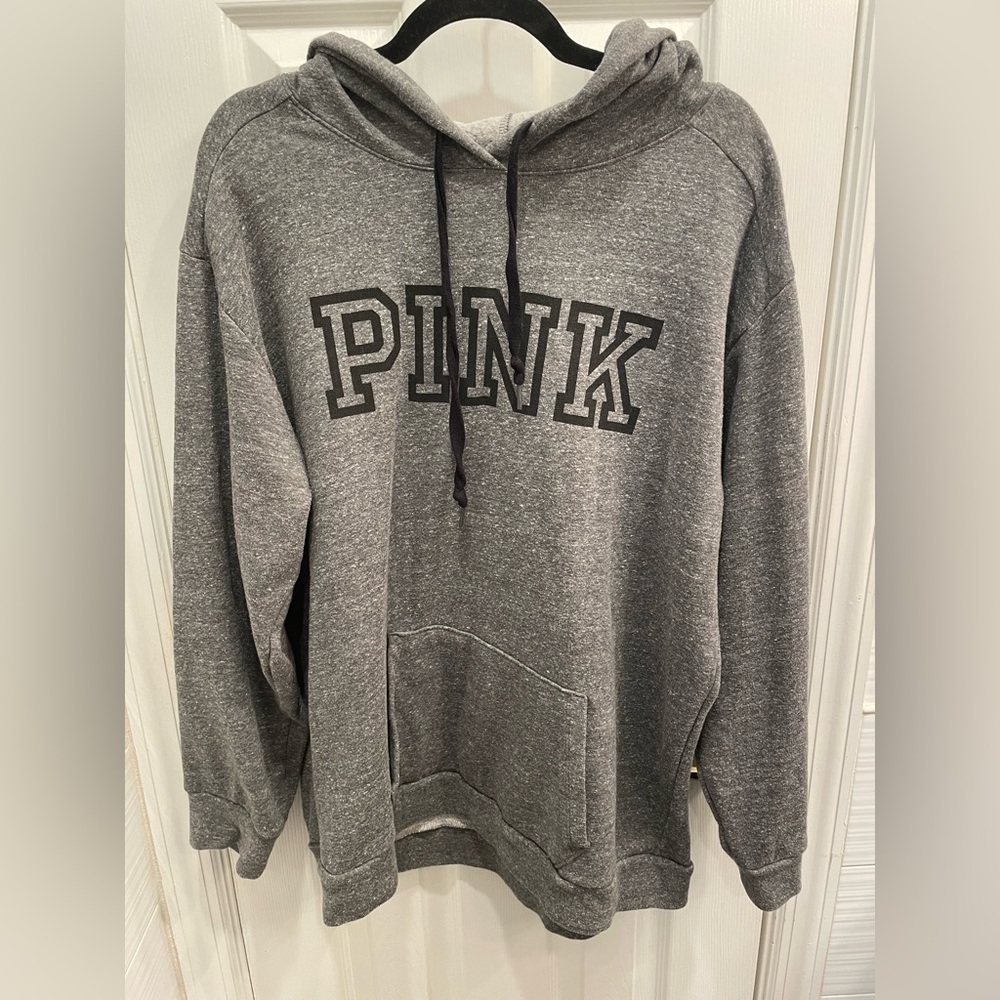 Victoria’s Secret Pink Pull Over Grey Drawstring Hoodie Black Lettering